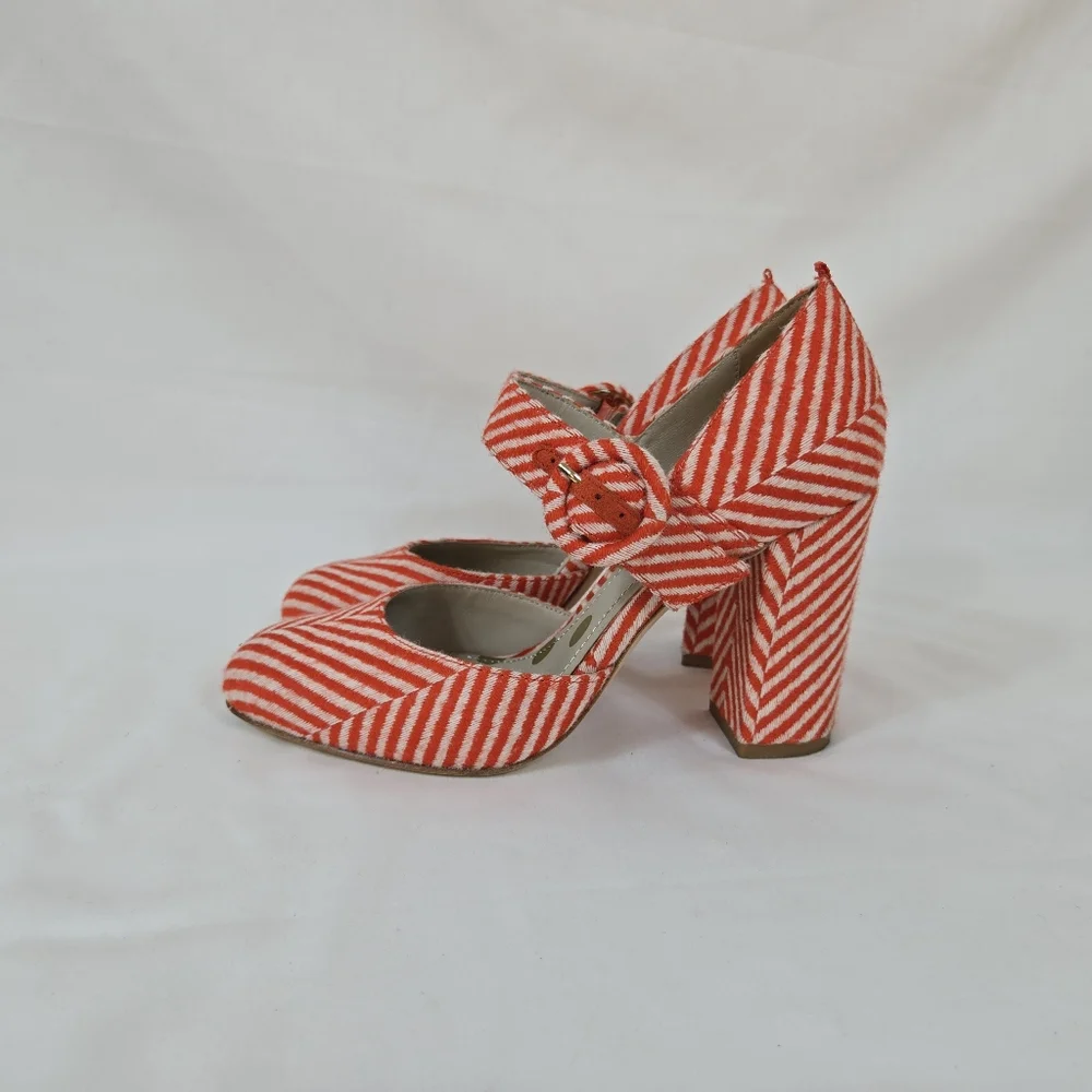 Boden Womens Evie Orange Ivory Stripe Fabric Buckle Mary Jane Pumps EU 36/5.5 US